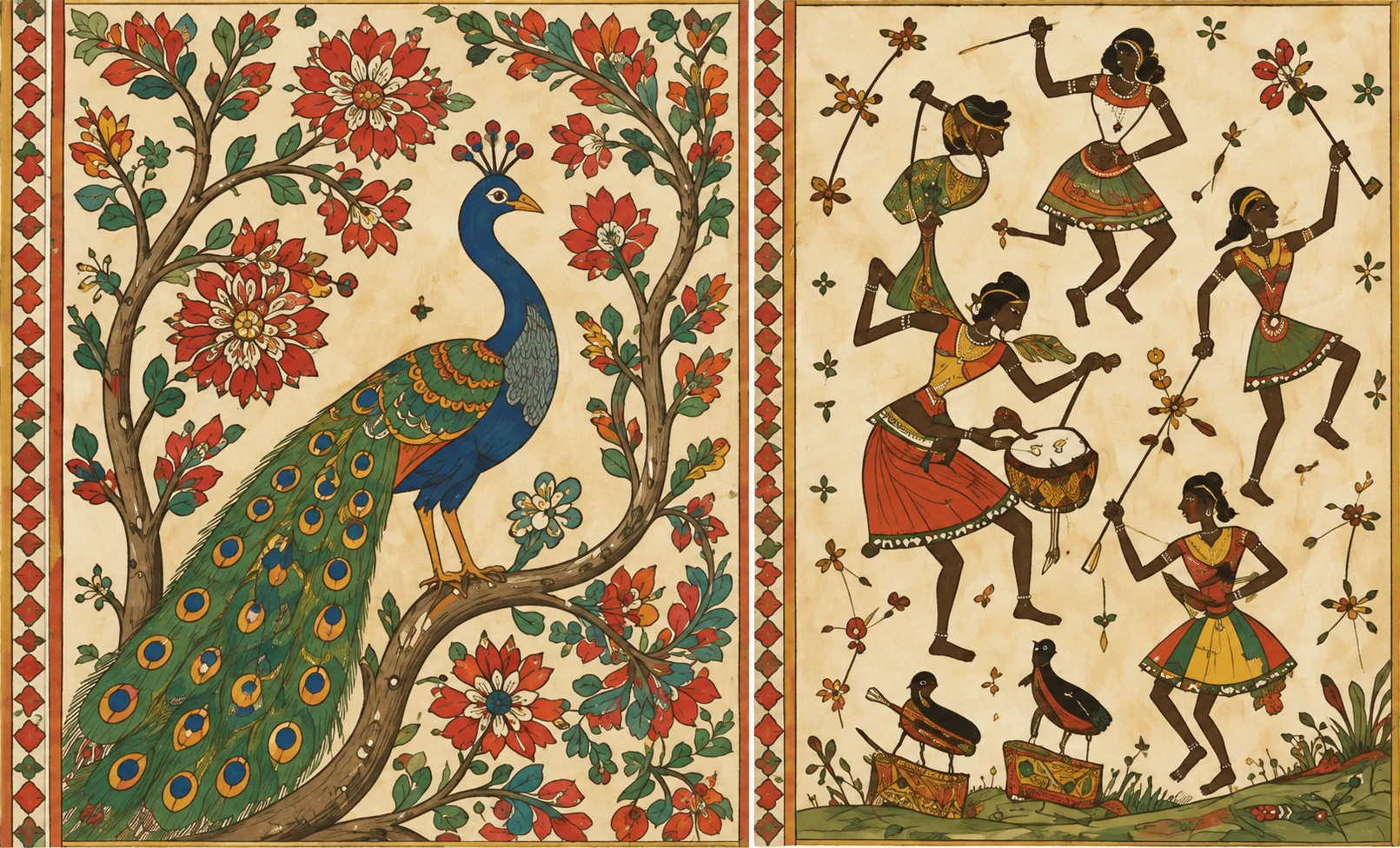 Traditional paintings: a peacock among flowering branches alongside tribal figures dancing and drumming