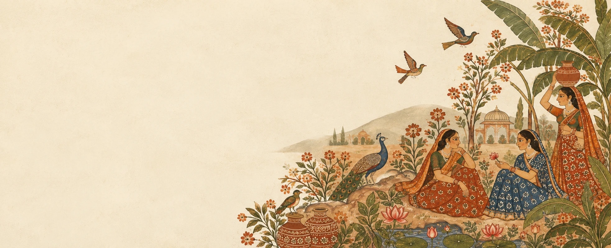 Three women in a Rajasthani miniature-style garden with a peacock, birds, banana trees and lotus pond