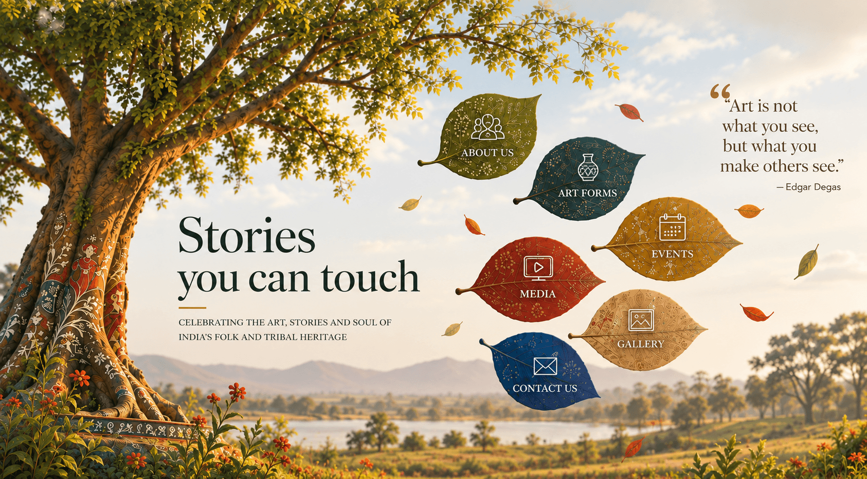 Stories you can touch, a painted tree beside an Indian landscape, with leaf-shaped links to the site's sections